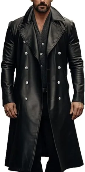 Men's Retro Leather Trench Coat Lapel Collar Long Coat Leather Coat Faux Leather Jacket Outwear Autumn Winter