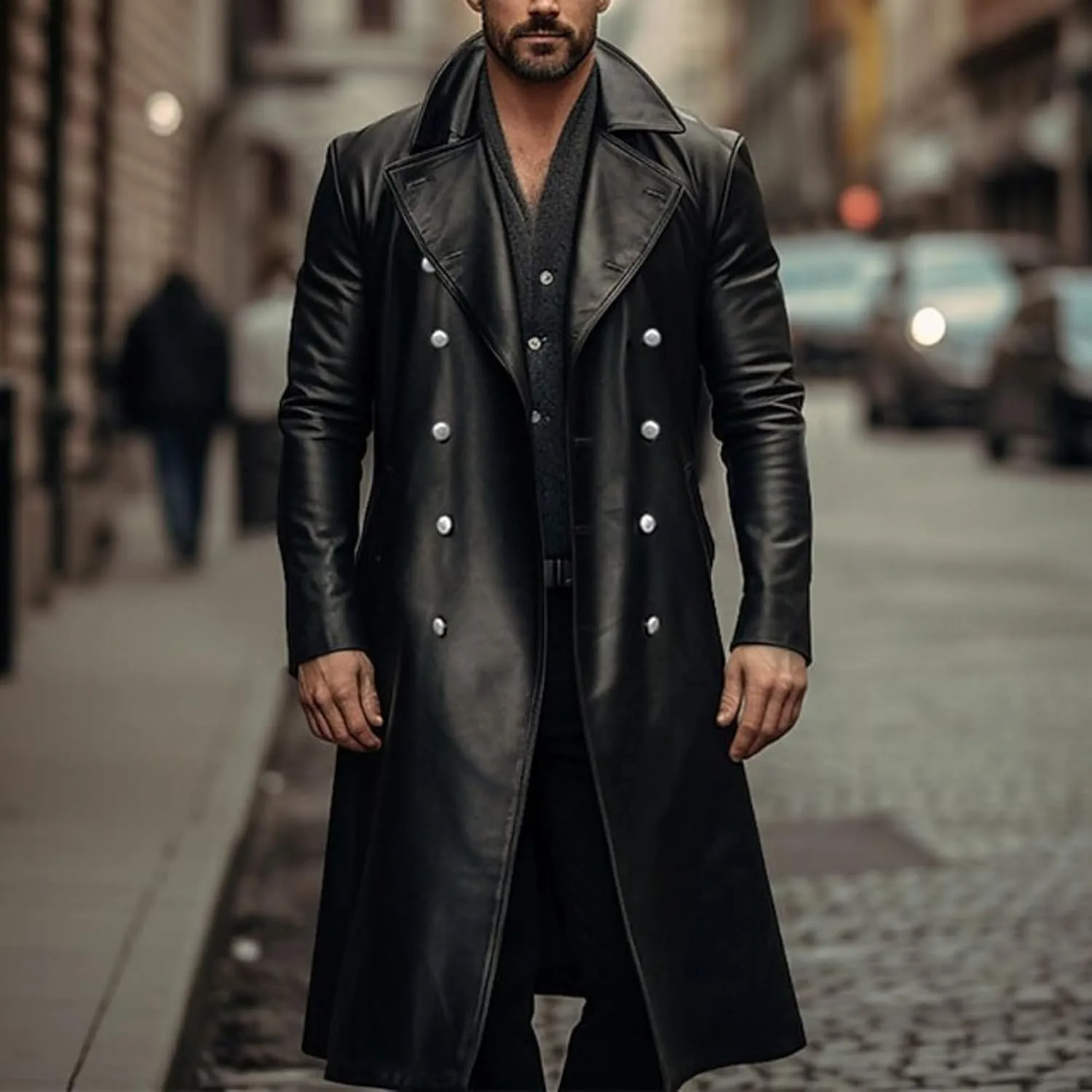 Men's Retro Leather Trench Coat Lapel Collar Long Coat Leather Coat Faux Leather Jacket Outwear Autumn Winter