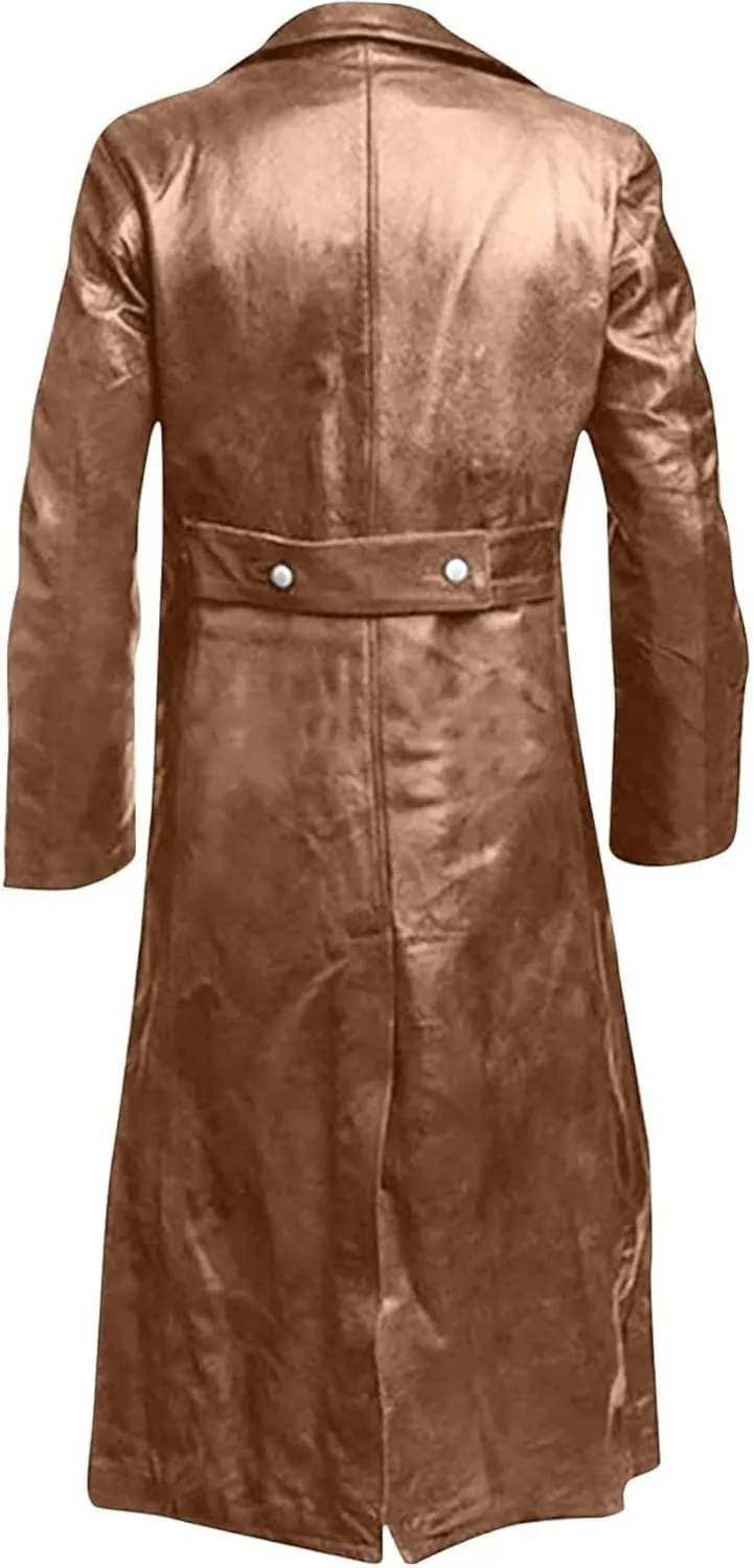 Men's Retro Leather Trench Coat Lapel Collar Long Coat Leather Coat Faux Leather Jacket Outwear Autumn Winter