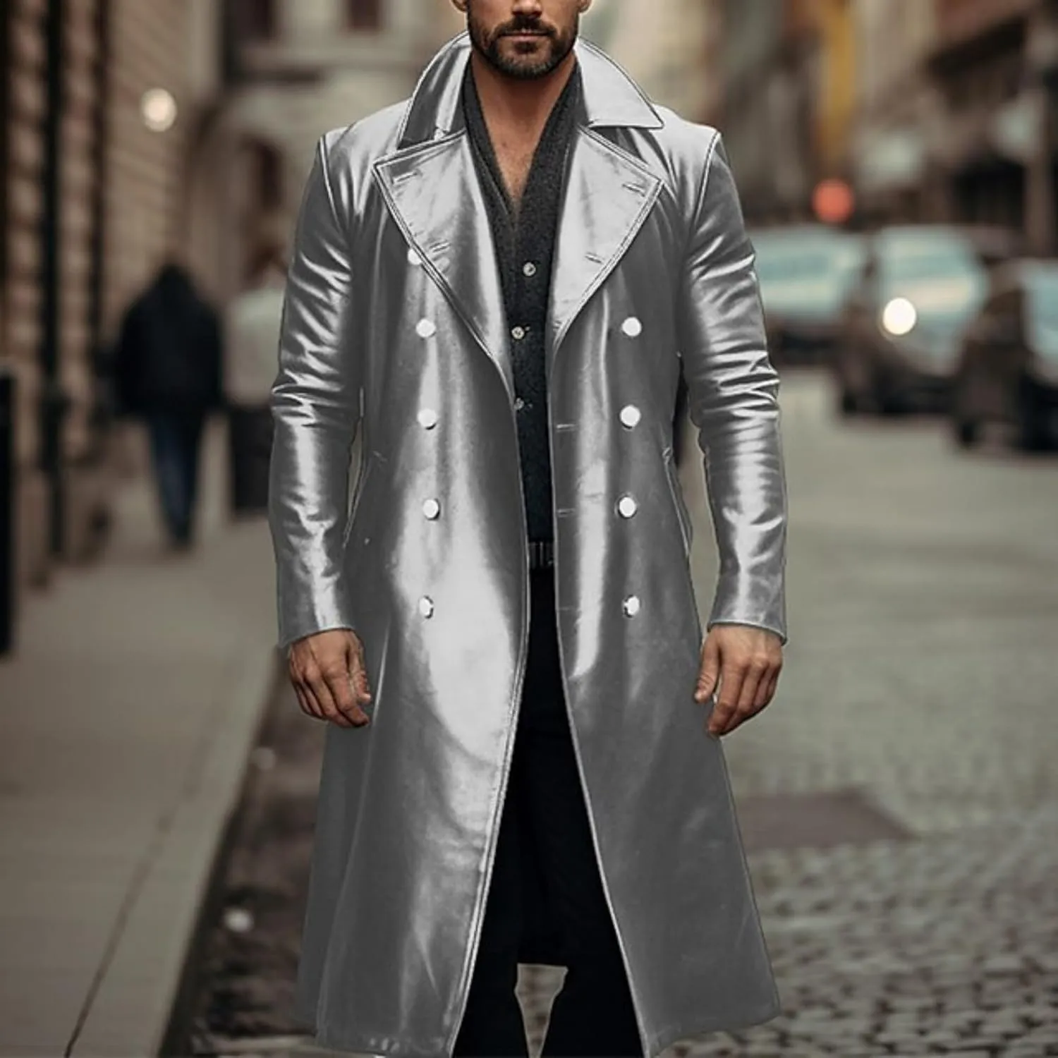 Men's Retro Leather Trench Coat Lapel Collar Long Coat Leather Coat Faux Leather Jacket Outwear Autumn Winter
