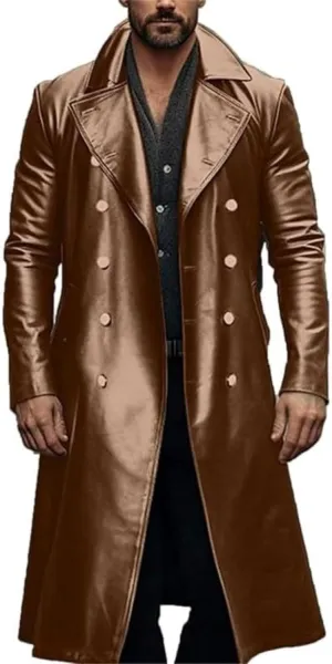 Men's Retro Leather Trench Coat Lapel Collar Long Coat Leather Coat Faux Leather Jacket Outwear Autumn Winter