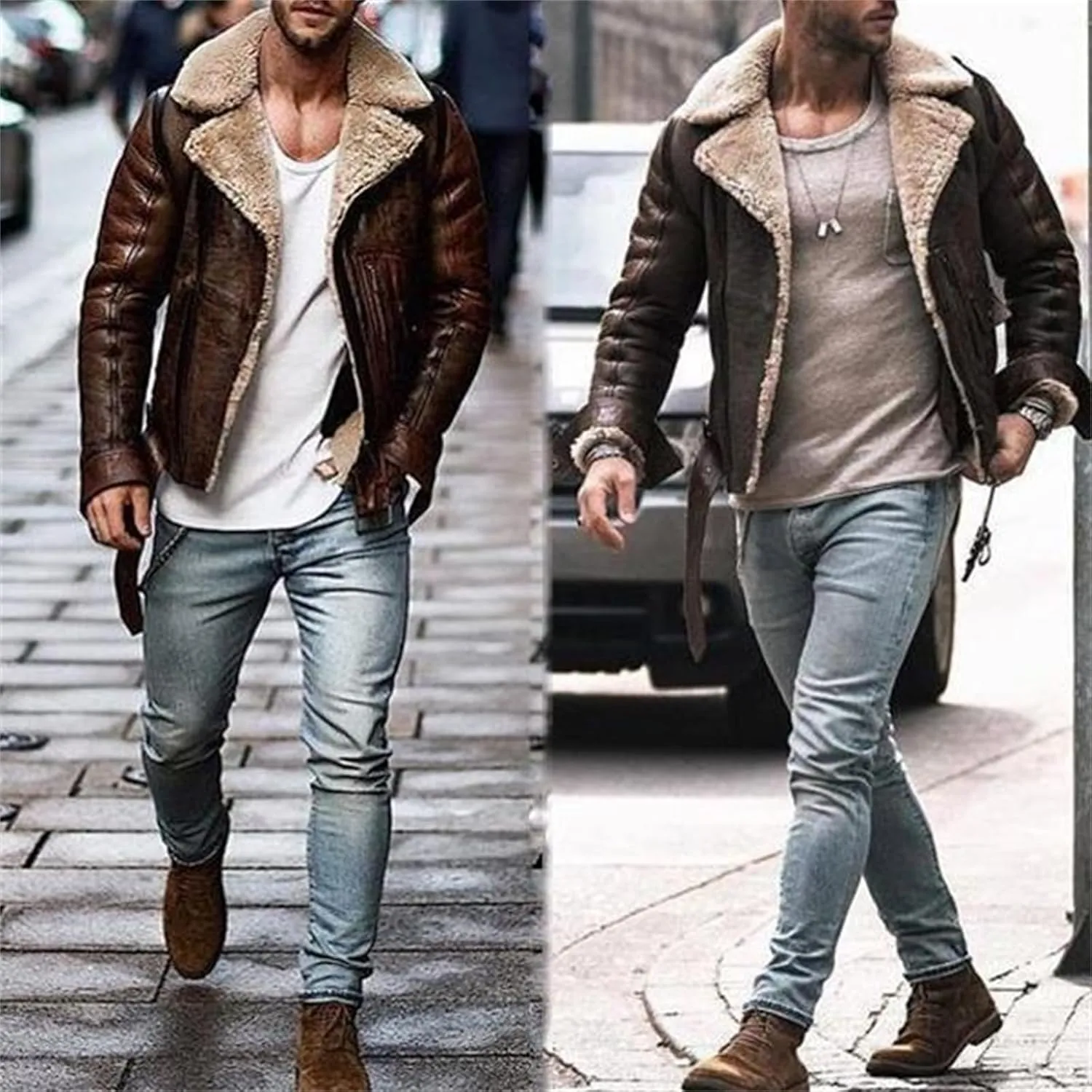 Men's Sherpa Lined Trucker Jackets Winter Warm Faux Leather Motorcycle Jacket Heavyweight Thick Fleece Jacket for Men