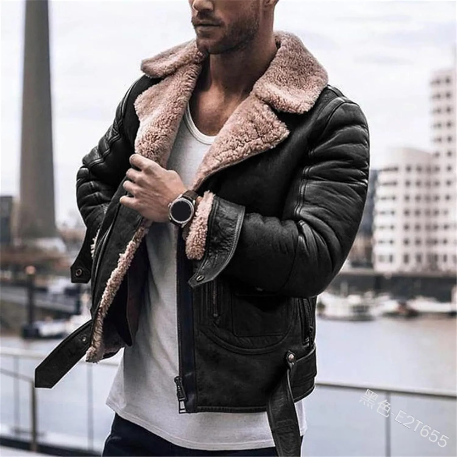 Men's Sherpa Lined Trucker Jackets Winter Warm Faux Leather Motorcycle Jacket Heavyweight Thick Fleece Jacket for Men