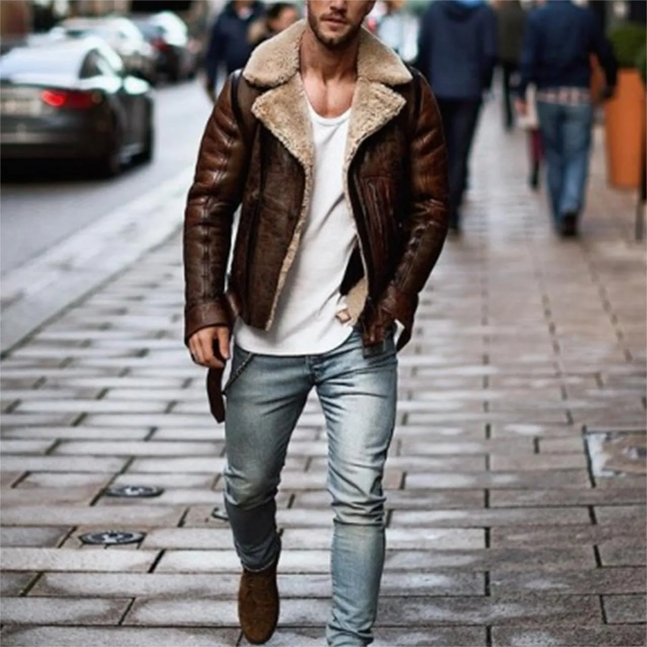 Men's Sherpa Lined Trucker Jackets Winter Warm Faux Leather Motorcycle Jacket Heavyweight Thick Fleece Jacket for Men