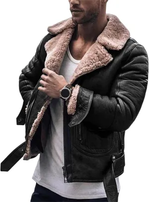 Men's Sherpa Lined Trucker Jackets Winter Warm Faux Leather Motorcycle Jacket Heavyweight Thick Fleece Jacket for Men