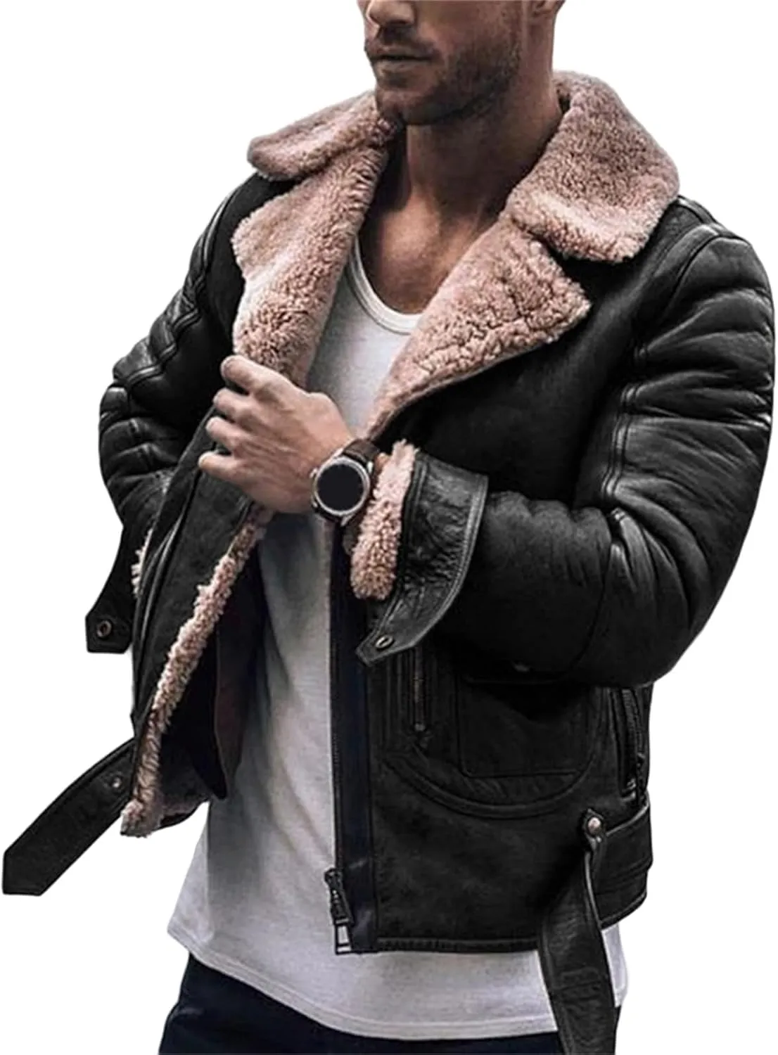 Men's Sherpa Lined Trucker Jackets Winter Warm Faux Leather Motorcycle Jacket Heavyweight Thick Fleece Jacket for Men