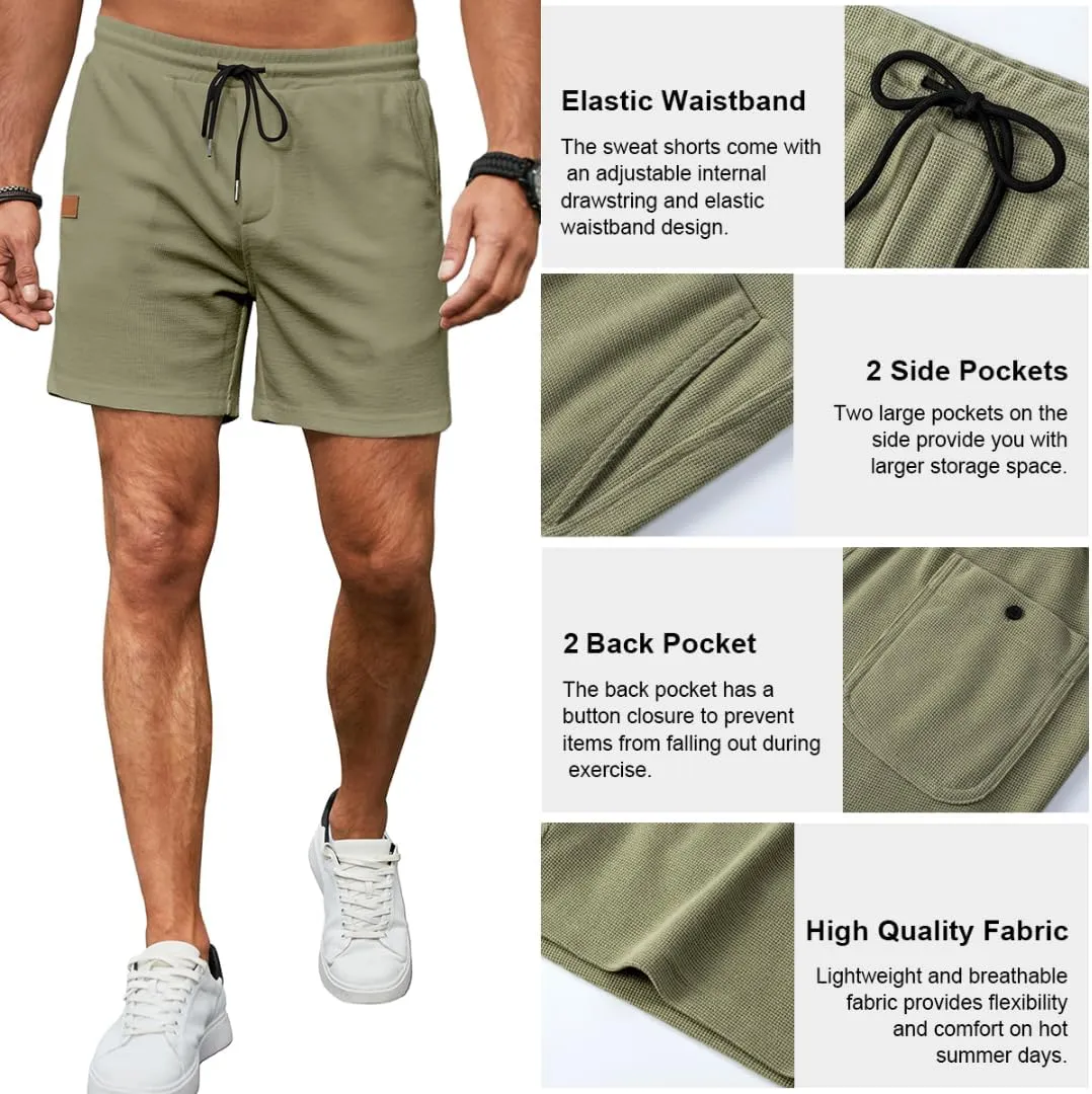 Mens Shorts Casual Waffle Elastic Waistc Drawstring 7" Shorts Summer Beach Lightweight Shorts with Pockets