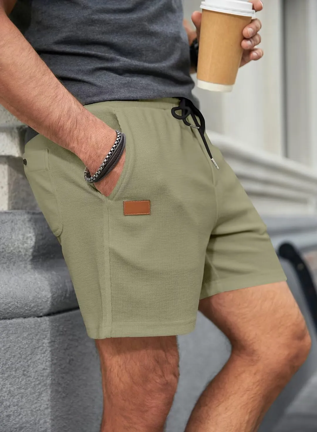 Mens Shorts Casual Waffle Elastic Waistc Drawstring 7" Shorts Summer Beach Lightweight Shorts with Pockets