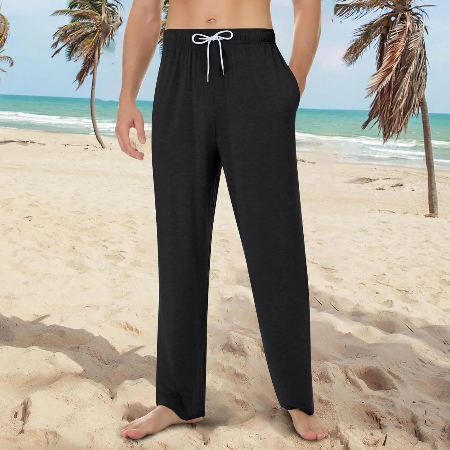 Mens Yoga Sweatpants Athletic Lounge Open Bottom Pants Elastic Waist Drawstring Straight Leg Pant with Pockets