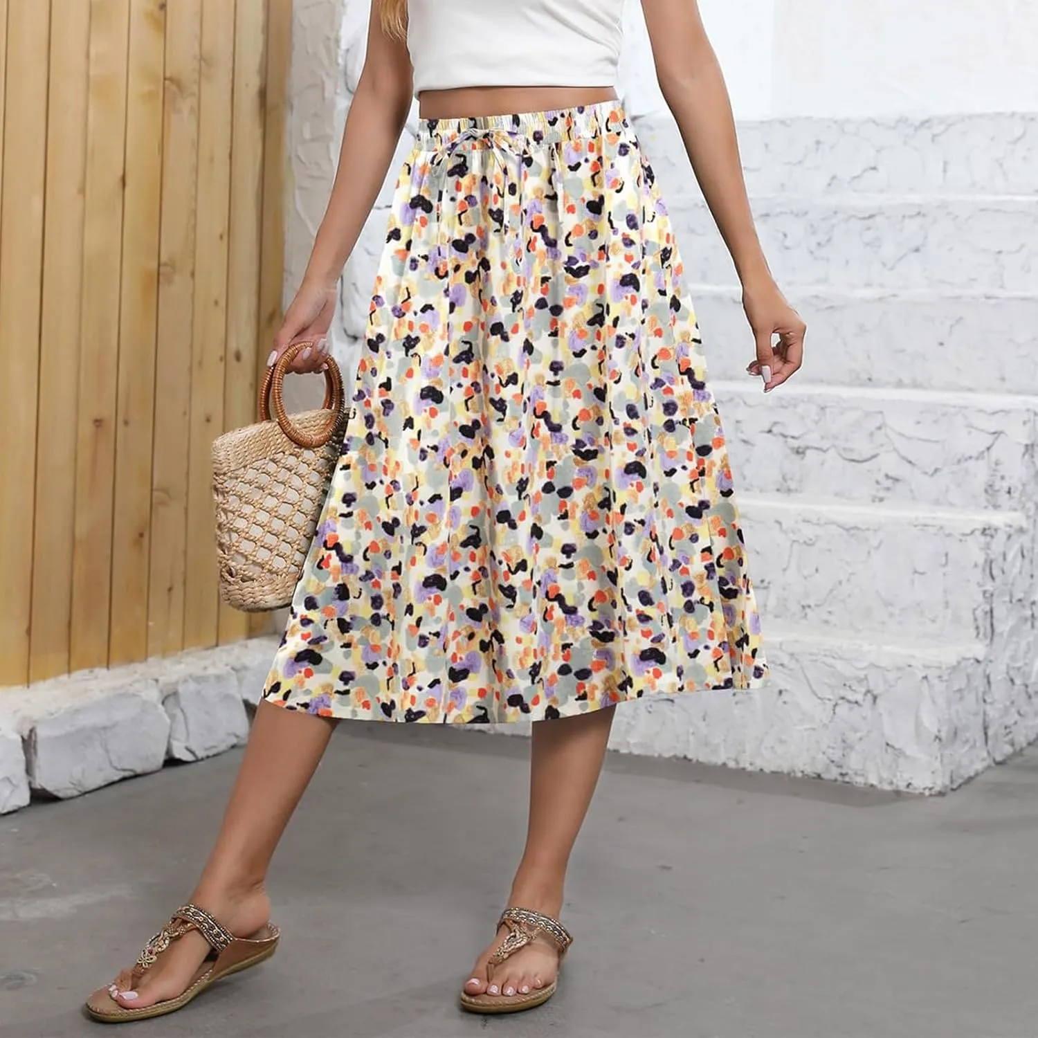 Midi Skirts for Women Knee Length Drawstring High Waisted Boho Floral Skirts Flowy A-Line Beach Skirt with Pockets