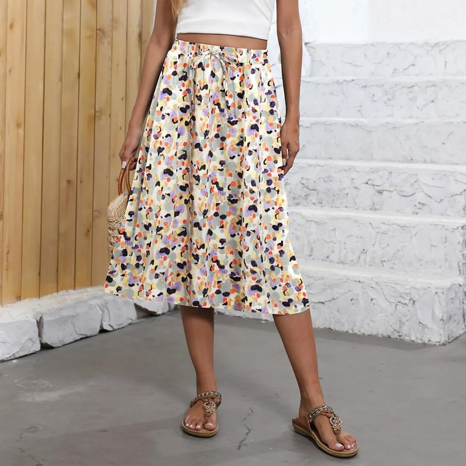 Midi Skirts for Women Knee Length Drawstring High Waisted Boho Floral Skirts Flowy A-Line Beach Skirt with Pockets