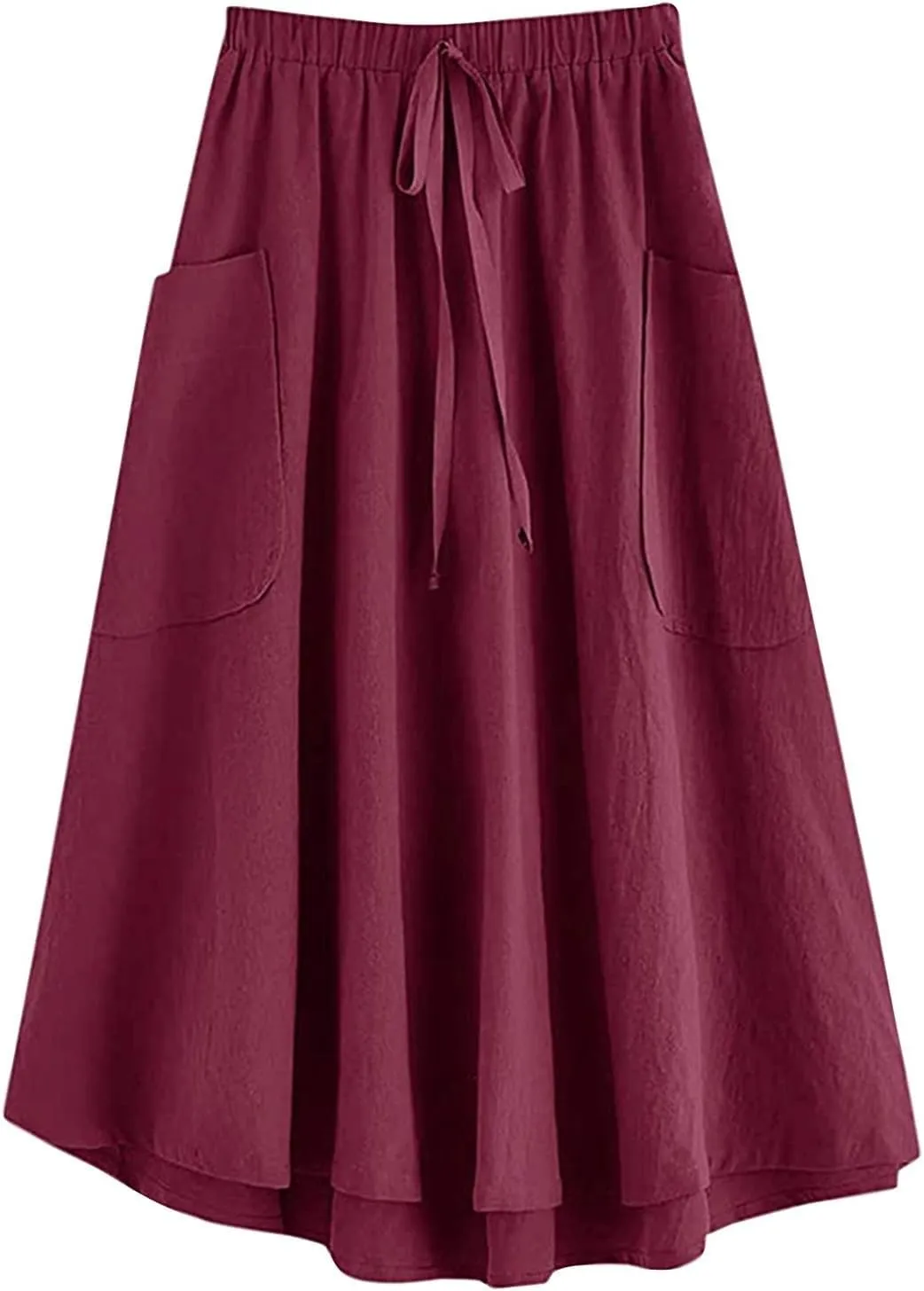 Midi Skirts for Women Summer Drawstring Elastic Waisted Flowy A-Line Swing Pleated Skirt with Pockets