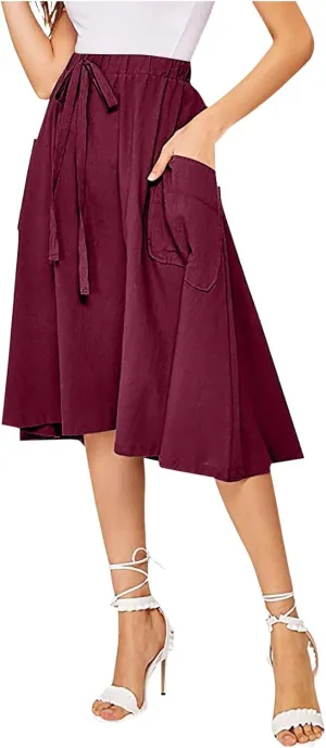 Midi Skirts for Women Summer Drawstring Elastic Waisted Flowy A-Line Swing Pleated Skirt with Pockets