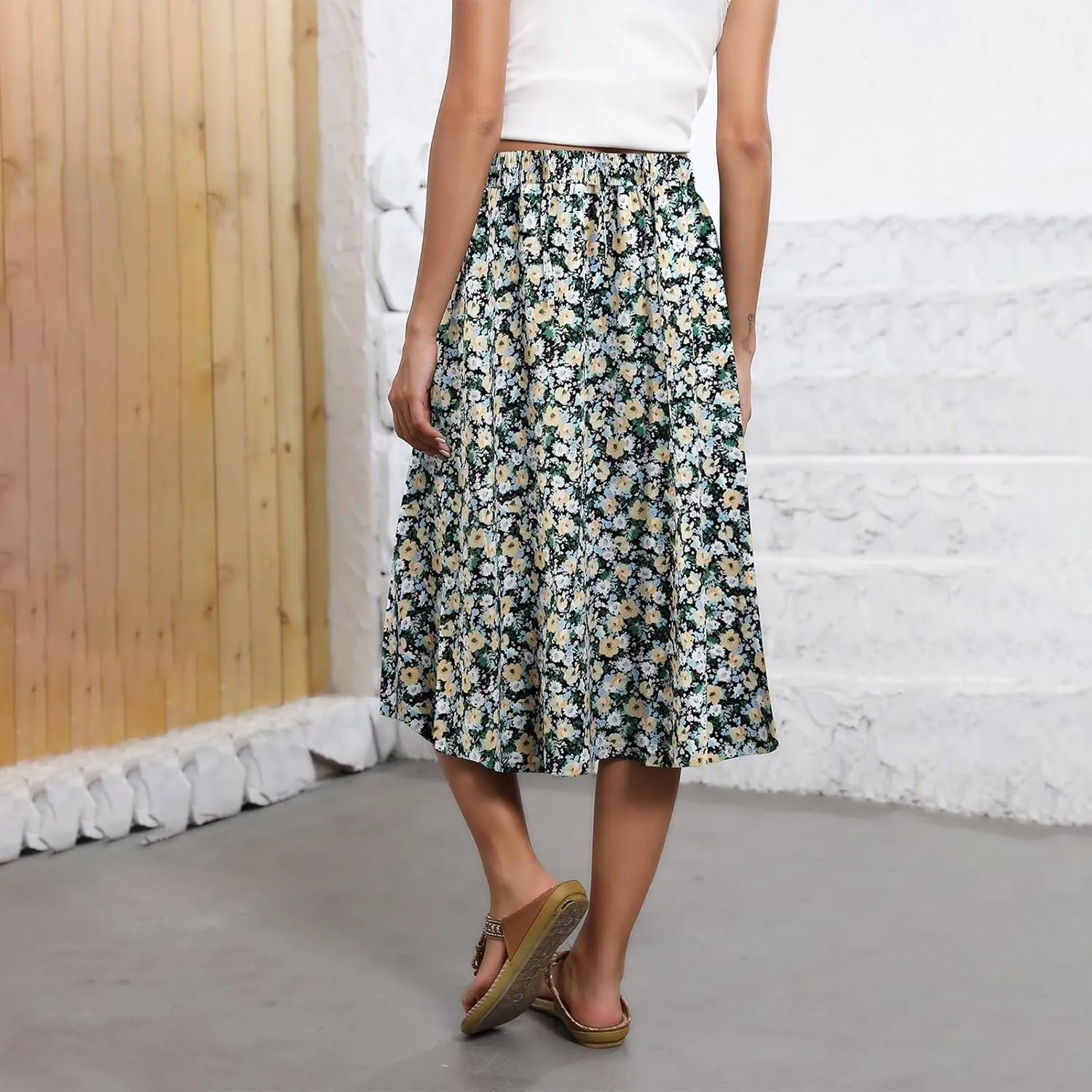 Midi Skirts for Women Trendy Summer Drawstring High Waisted Floral Boho Skirts Cute A Line Flowy Skirt with Pockets