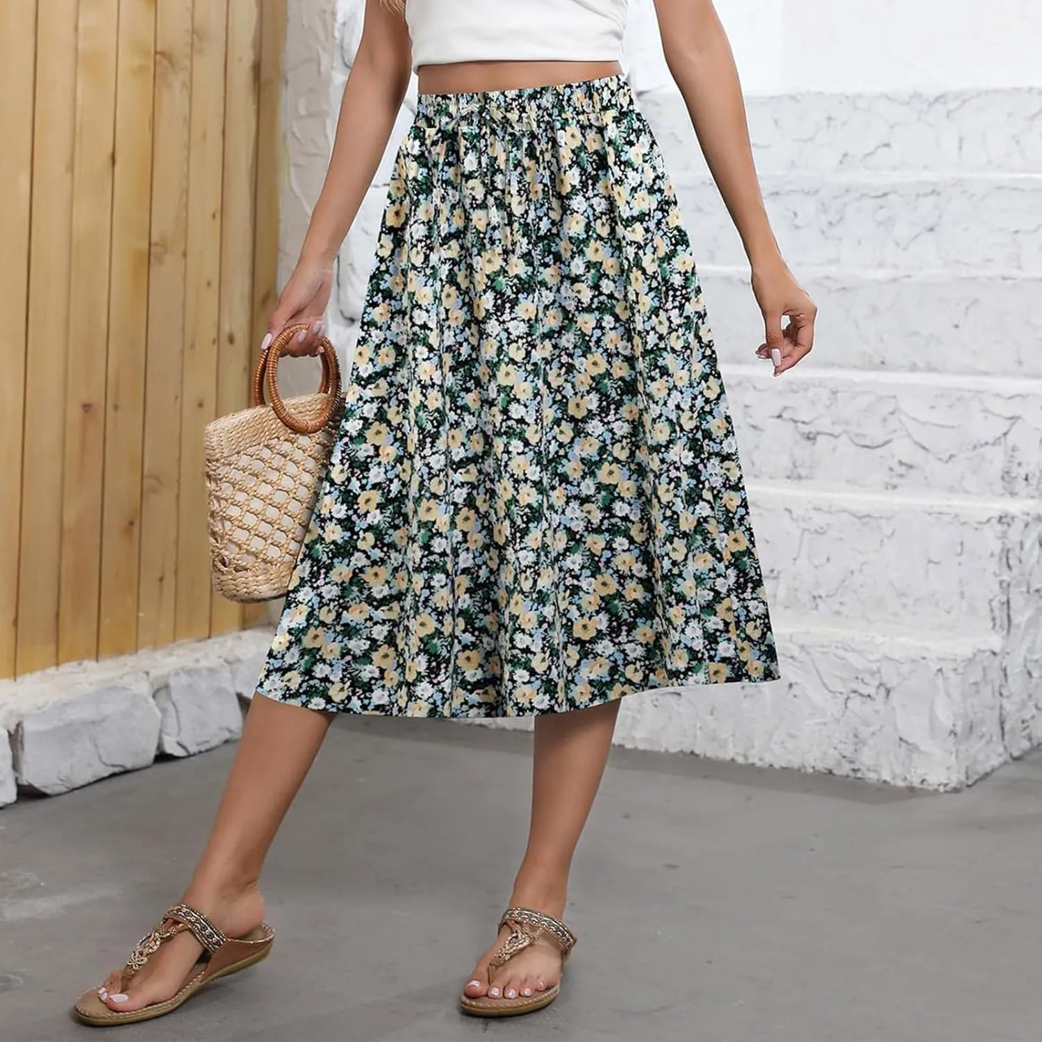 Midi Skirts for Women Trendy Summer Drawstring High Waisted Floral Boho Skirts Cute A Line Flowy Skirt with Pockets