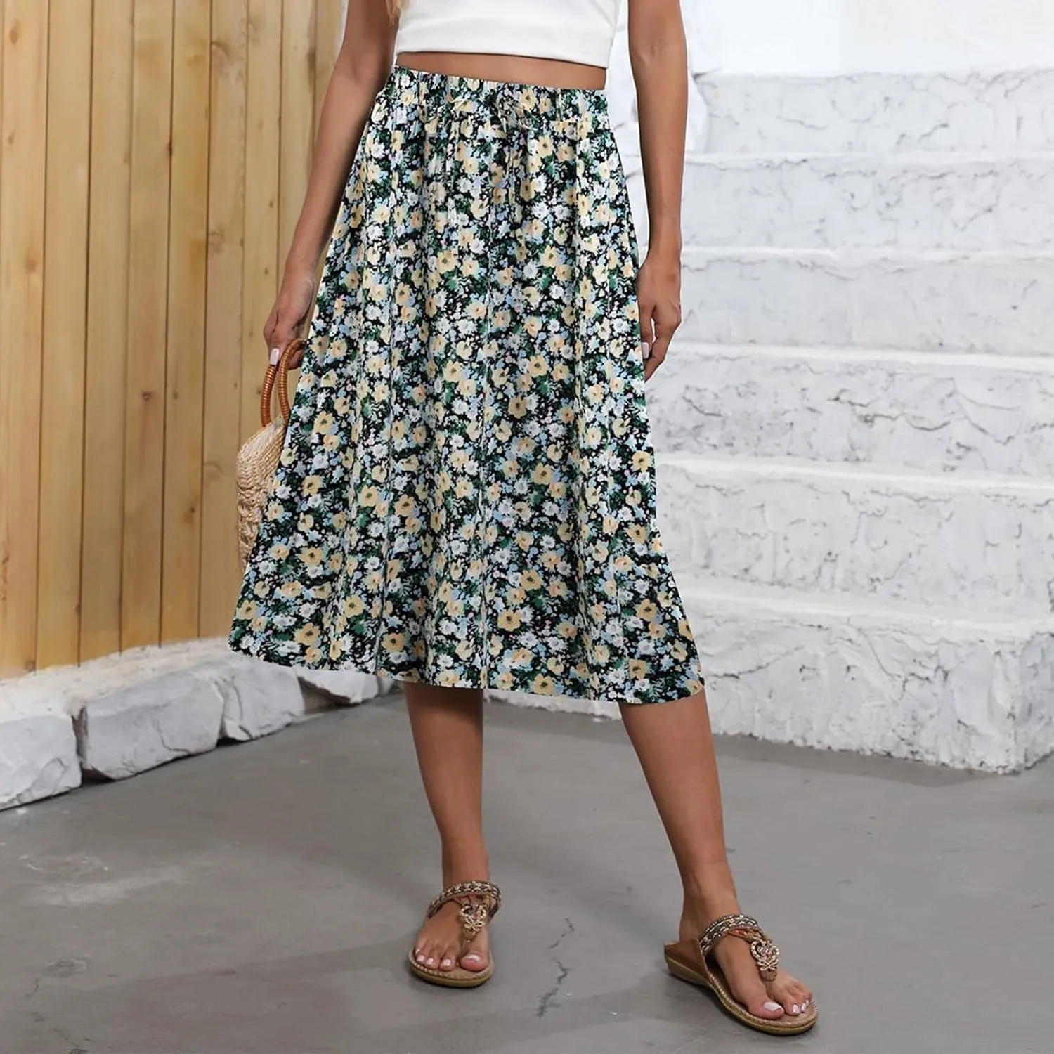 Midi Skirts for Women Trendy Summer Drawstring High Waisted Floral Boho Skirts Cute A Line Flowy Skirt with Pockets