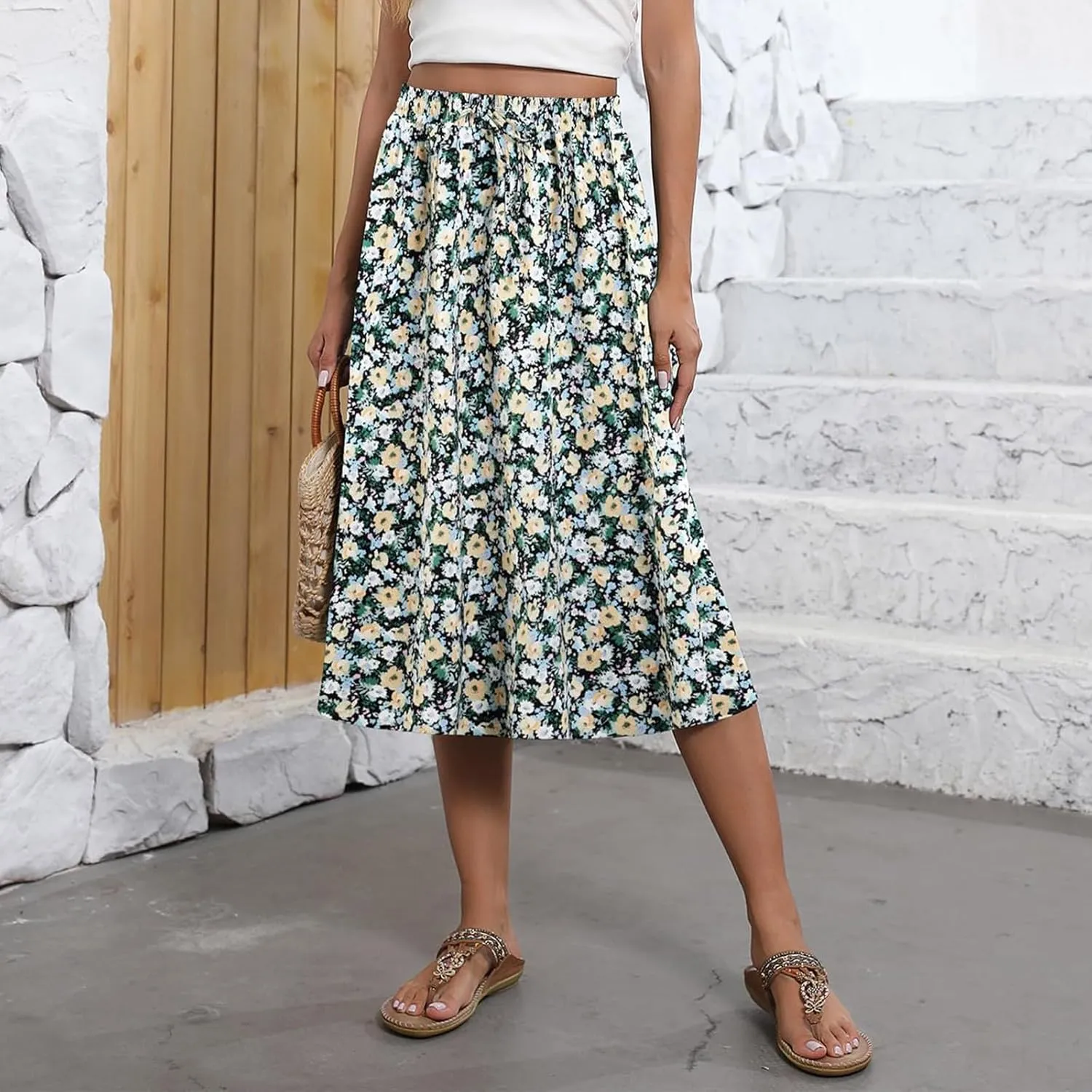 Midi Skirts for Women Trendy Summer Drawstring High Waisted Floral Boho Skirts Cute A Line Flowy Skirt with Pockets