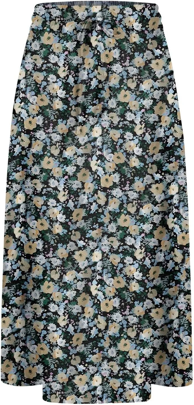 Midi Skirts for Women Trendy Summer Drawstring High Waisted Floral Boho Skirts Cute A Line Flowy Skirt with Pockets