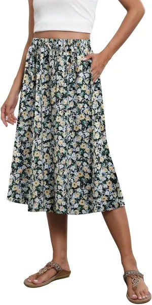 Midi Skirts for Women Trendy Summer Drawstring High Waisted Floral Boho Skirts Cute A Line Flowy Skirt with Pockets