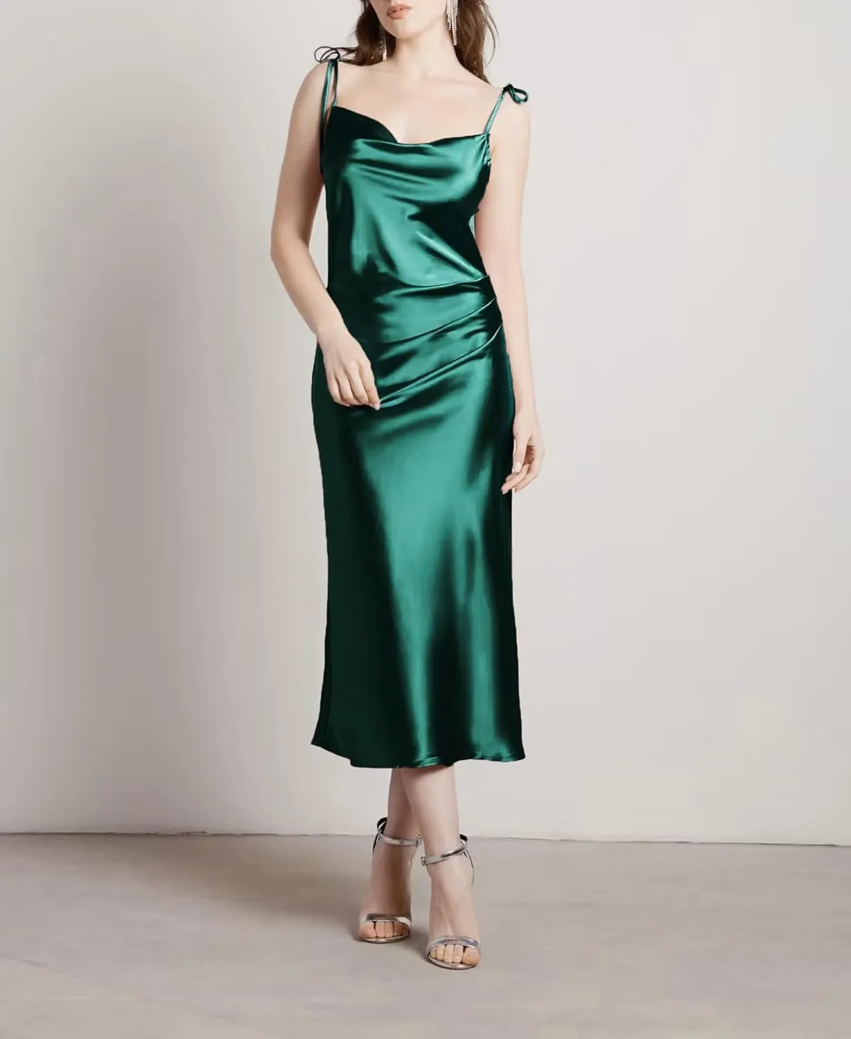 MisShow Summer Satin Midi Dresses for Women Spaghetti Straps Cowl Neck Elegant Pleated Cocktail Formal Party Dresses