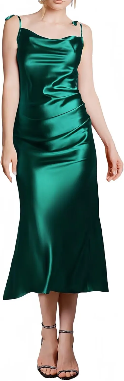 MisShow Summer Satin Midi Dresses for Women Spaghetti Straps Cowl Neck Elegant Pleated Cocktail Formal Party Dresses