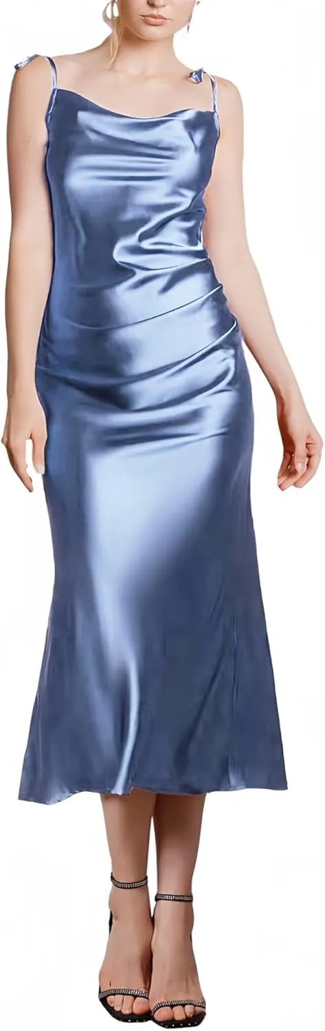 MisShow Summer Satin Midi Dresses for Women Spaghetti Straps Cowl Neck Elegant Pleated Cocktail Formal Party Dresses