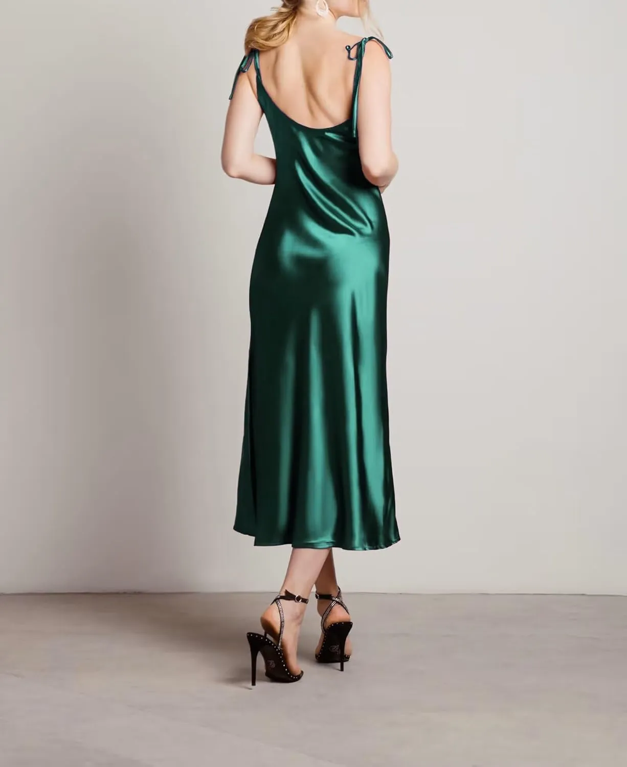 MisShow Summer Satin Midi Dresses for Women Spaghetti Straps Cowl Neck Elegant Pleated Cocktail Formal Party Dresses