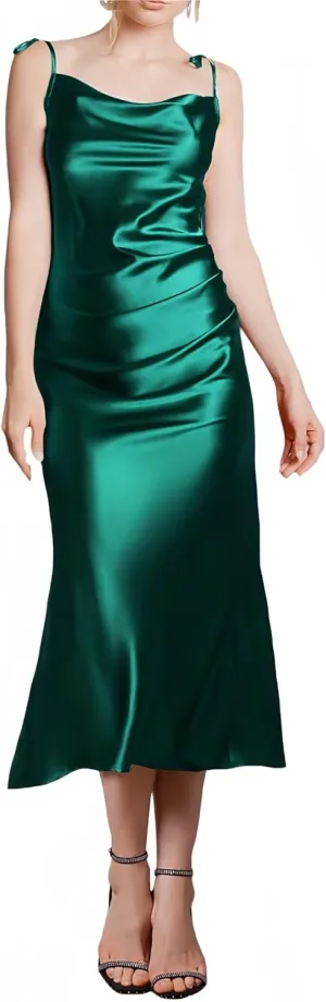MisShow Summer Satin Midi Dresses for Women Spaghetti Straps Cowl Neck Elegant Pleated Cocktail Formal Party Dresses