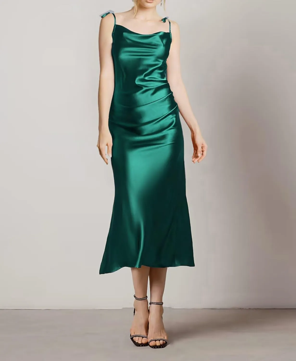 MisShow Summer Satin Midi Dresses for Women Spaghetti Straps Cowl Neck Elegant Pleated Cocktail Formal Party Dresses