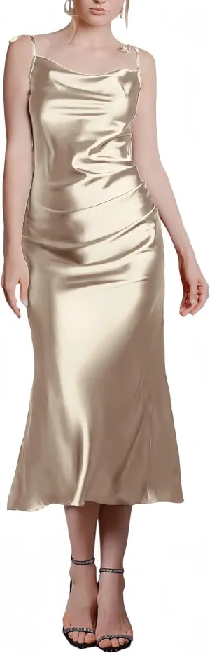 MisShow Summer Satin Midi Dresses for Women Spaghetti Straps Cowl Neck Elegant Pleated Cocktail Formal Party Dresses