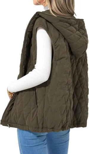 Mmoneyake Fall Vest for Women 2024 Casual Sleeveless Hooded Zip Up Jacket Quilted Puffer Down Jacket Winter Coat Outerwear
