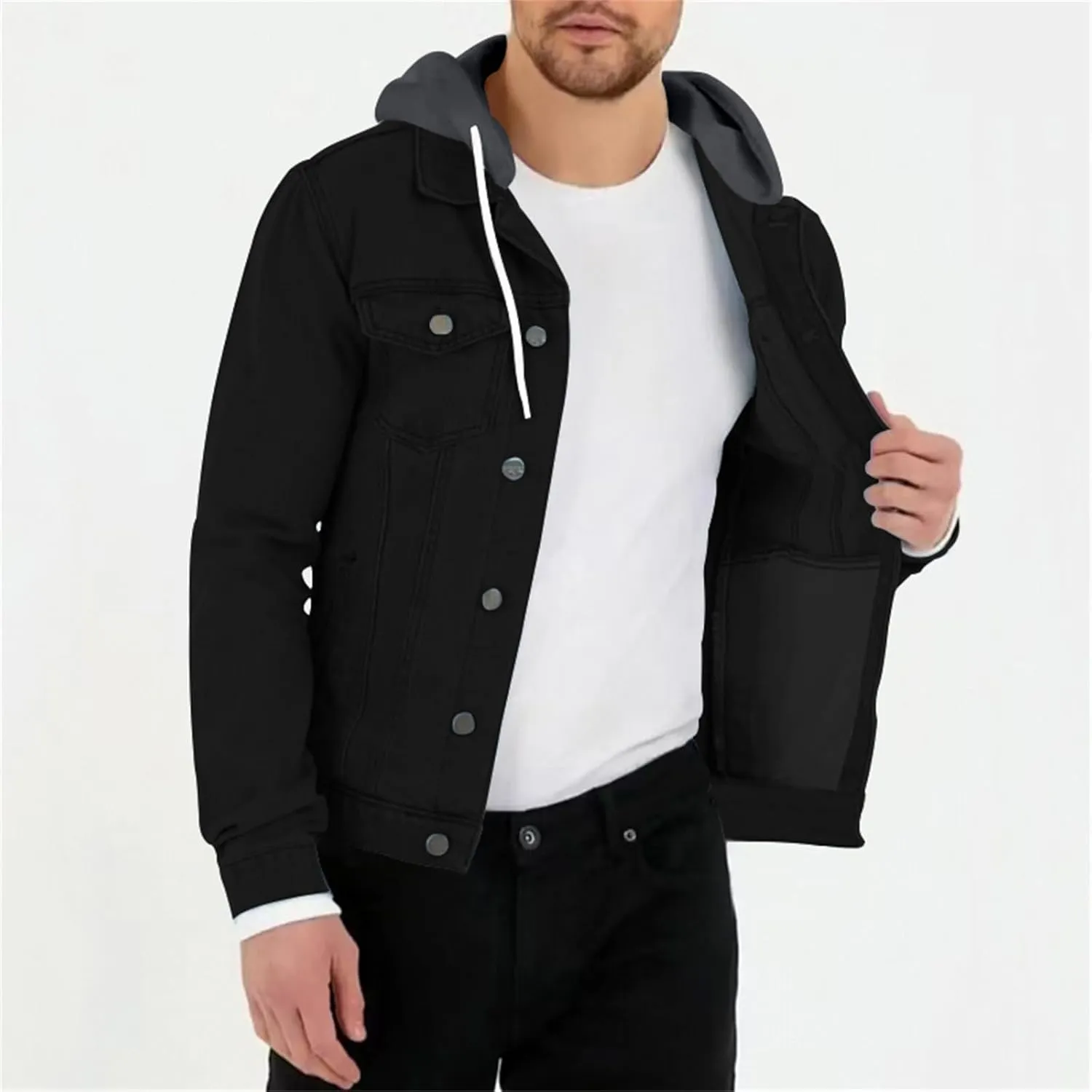 Mmoneyake Men Denim Hoodie Jacket Casual Slim Fit Button Down Military Jeans Coat Stretch Trucker Denim Jean Jacket Outwear