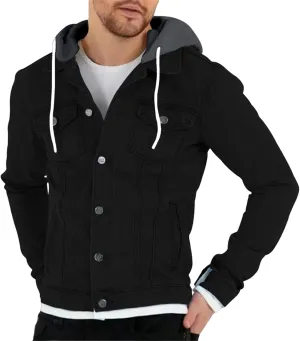 Mmoneyake Men Denim Hoodie Jacket Casual Slim Fit Button Down Military Jeans Coat Stretch Trucker Denim Jean Jacket Outwear