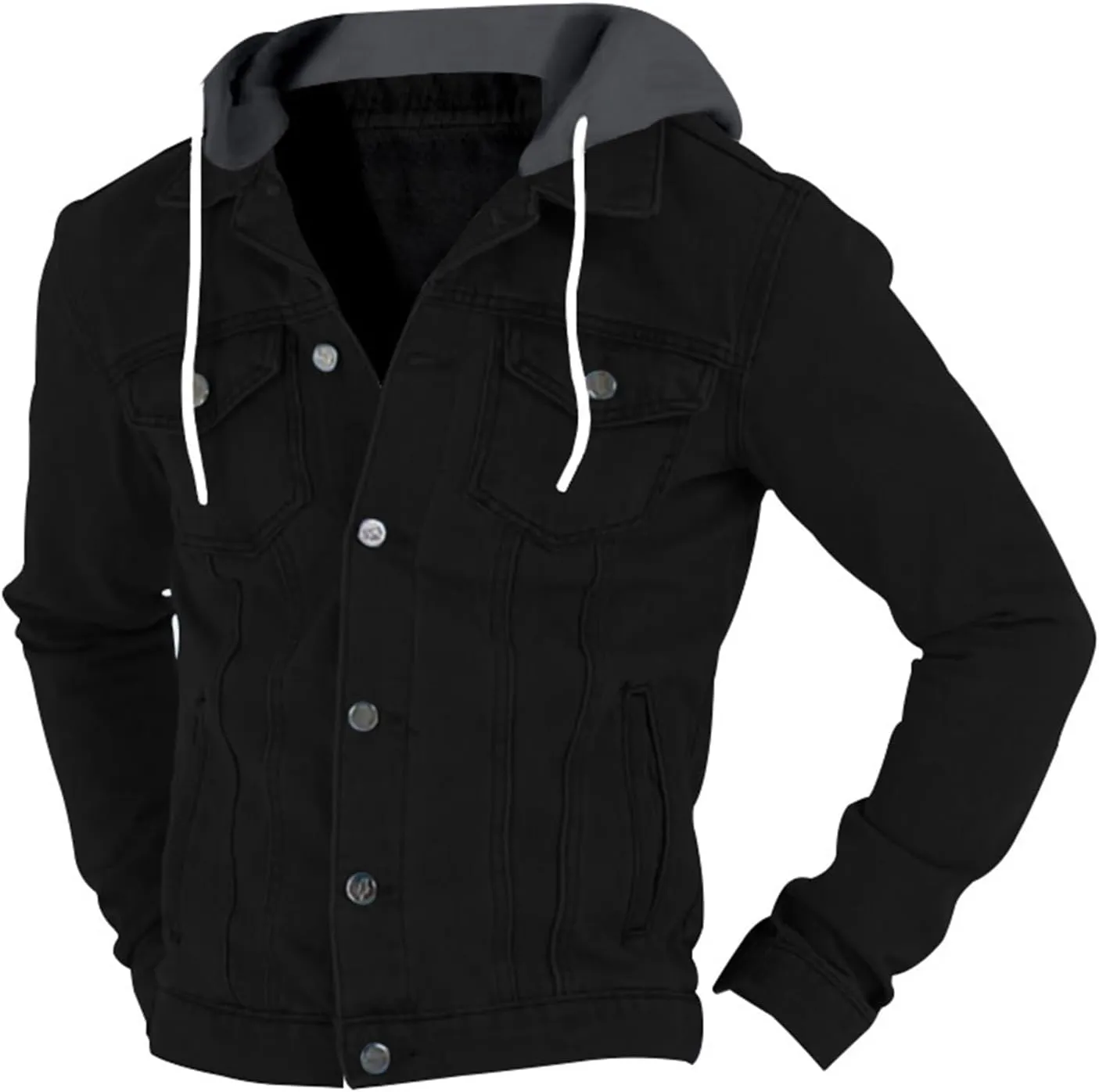 Mmoneyake Men Denim Hoodie Jacket Casual Slim Fit Button Down Military Jeans Coat Stretch Trucker Denim Jean Jacket Outwear