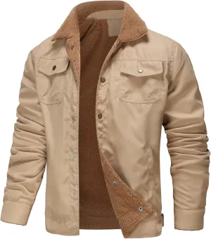 Mmoneyake Men's Winter Jacket Warm Fleece Lined Coat Trucker Lapel Work Cargo Jackets Sherpa Button Down Coat with Pockets