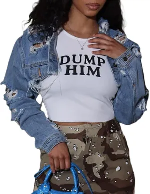 Molilove Women's Casual Cropped Denim Jacket Long Sleeve Ripped Jean Jacket Trucker Coat Vintage Denim Jacket Streetwear