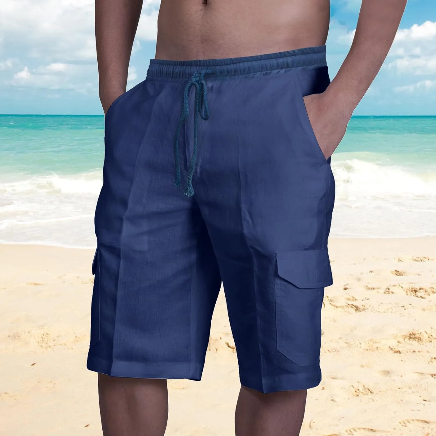 Muscularfit Cargo Shorts for Men Big Tall Solid Causal Stretchy Drawstring Shorts Multi Pockets Summer Beach Athletic Shorts