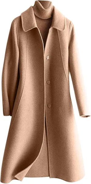 NATHGAM Women's Winter Coat Casual Trendy Elegant Coat Lapel Single Breasted Long Wool Coat Thick Formal Office Wool Overcoat