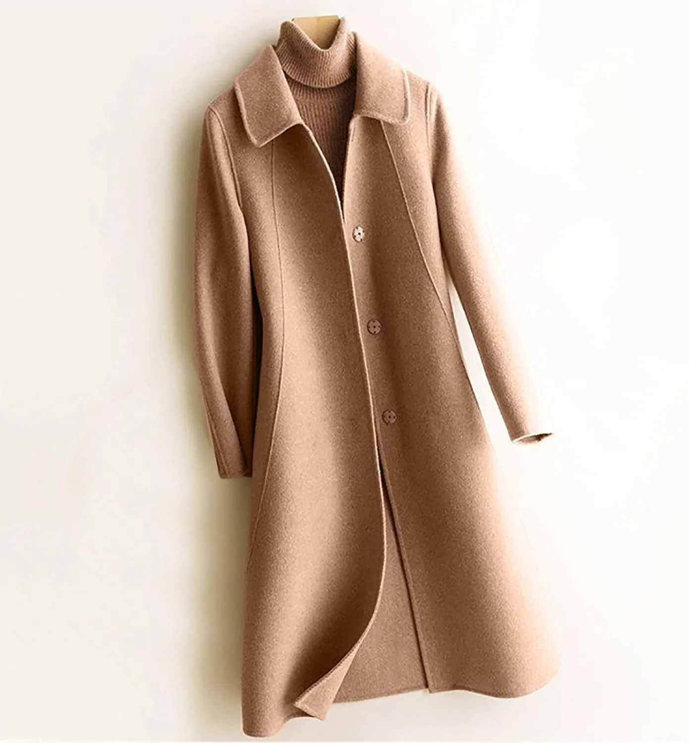 NATHGAM Women's Winter Coat Casual Trendy Elegant Coat Lapel Single Breasted Long Wool Coat Thick Formal Office Wool Overcoat