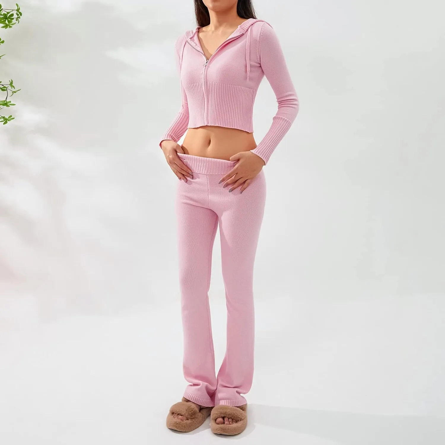 NUFIWI Women Ribbed Knit 2 Piece Outfits Long Sleeve Zip Up Hooded High Waist Wide Leg Skinny Pants Set Loungewear