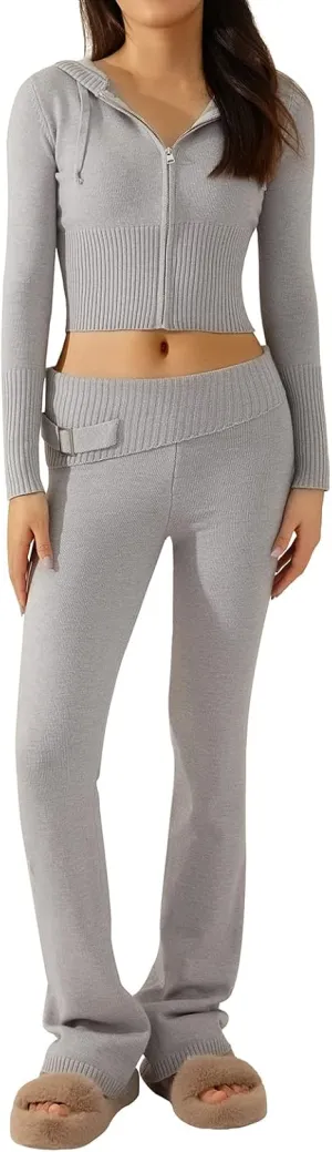 NUFIWI Women Ribbed Knit 2 Piece Outfits Long Sleeve Zip Up Hooded High Waist Wide Leg Skinny Pants Set Loungewear
