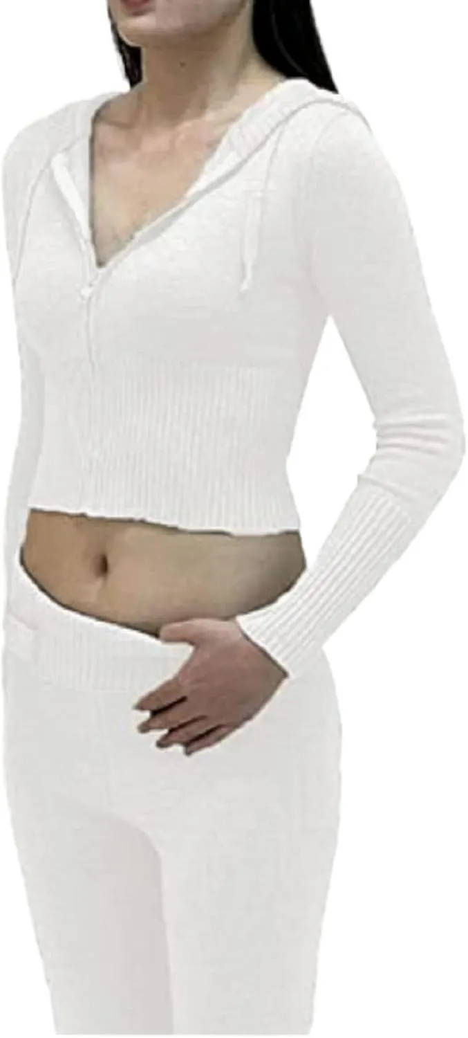 NUFIWI Women Ribbed Knit 2 Piece Outfits Long Sleeve Zip Up Hooded High Waist Wide Leg Skinny Pants Set Loungewear