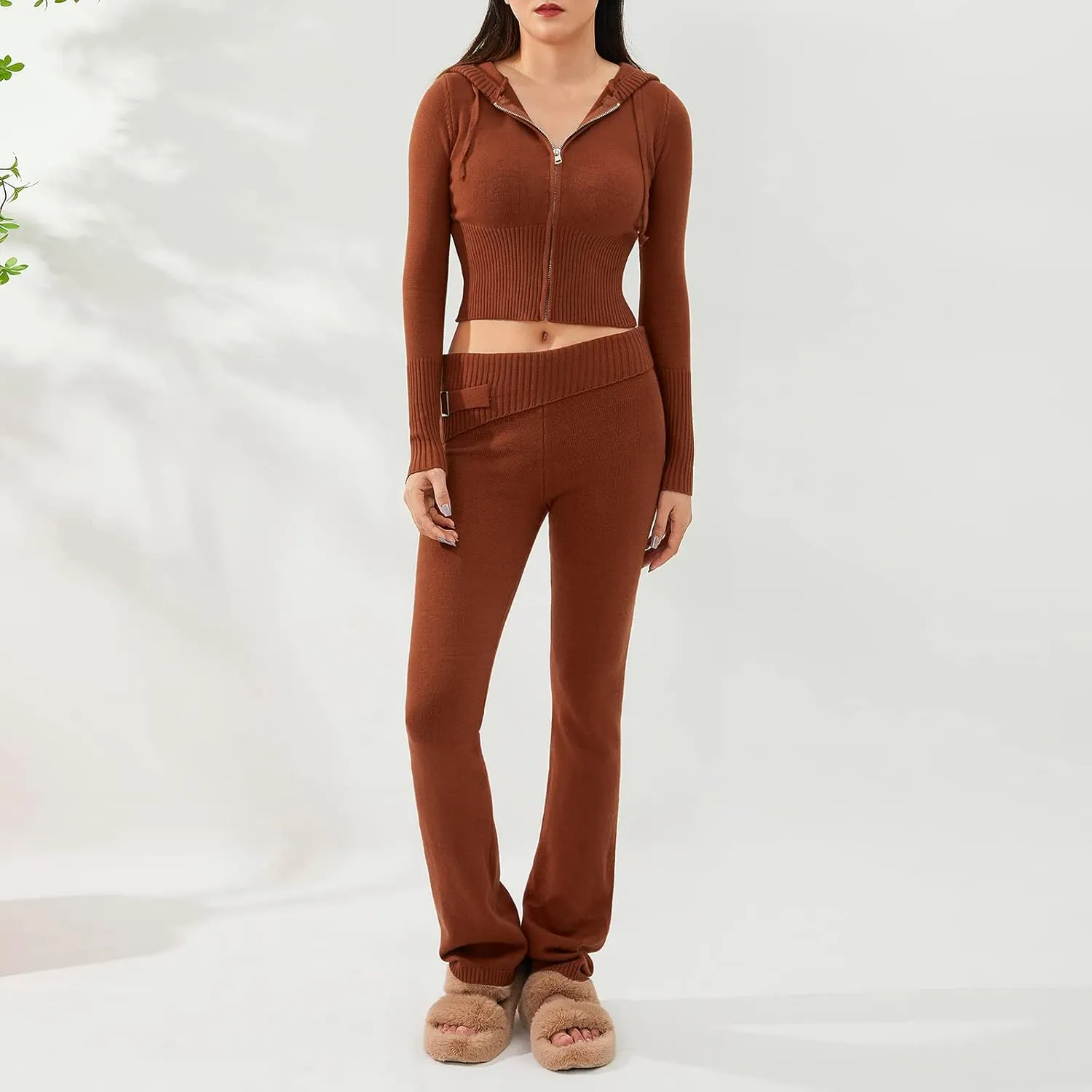 NUFIWI Women Ribbed Knit 2 Piece Outfits Long Sleeve Zip Up Hooded High Waist Wide Leg Skinny Pants Set Loungewear