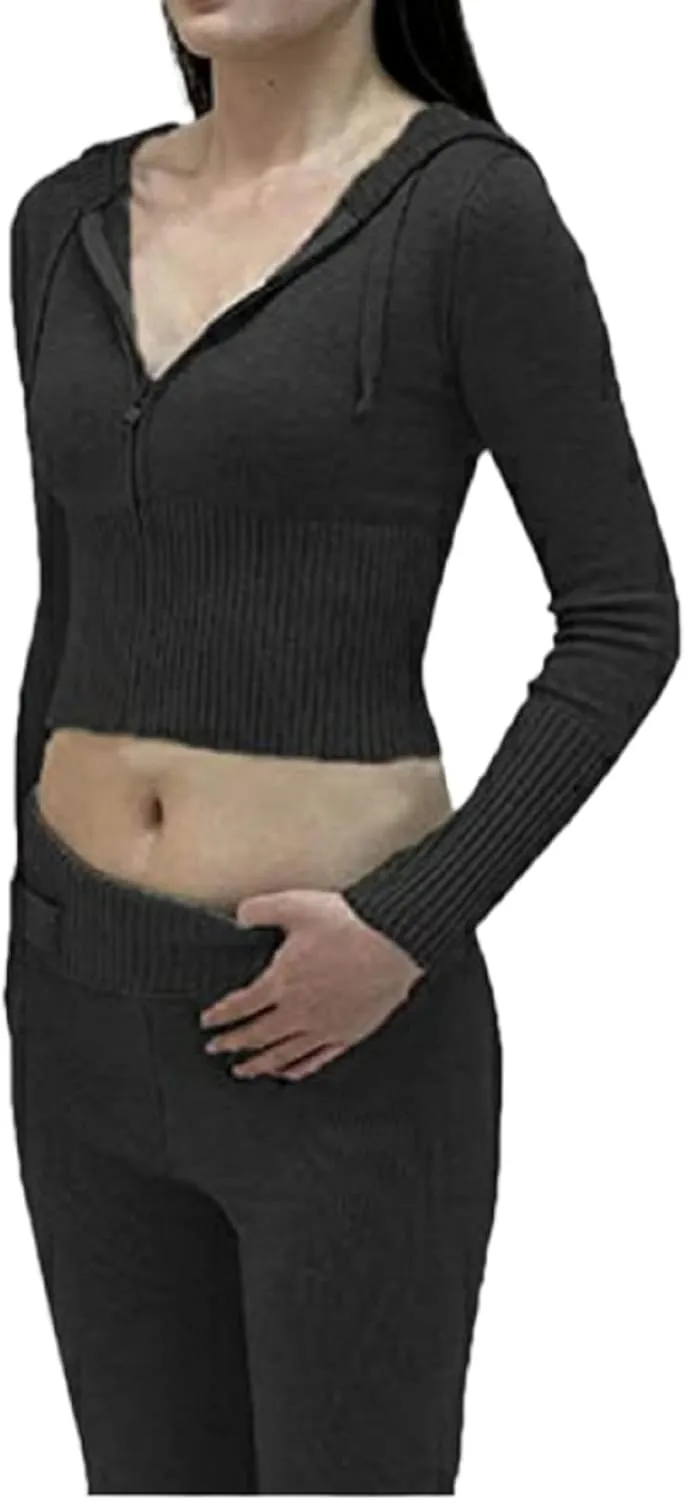 NUFIWI Women Ribbed Knit 2 Piece Outfits Long Sleeve Zip Up Hooded High Waist Wide Leg Skinny Pants Set Loungewear
