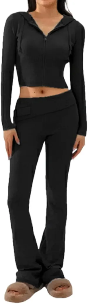 NUFIWI Women Ribbed Knit 2 Piece Outfits Long Sleeve Zip Up Hooded High Waist Wide Leg Skinny Pants Set Loungewear