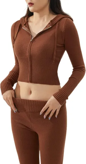 NUFIWI Women Ribbed Knit 2 Piece Outfits Long Sleeve Zip Up Hooded High Waist Wide Leg Skinny Pants Set Loungewear