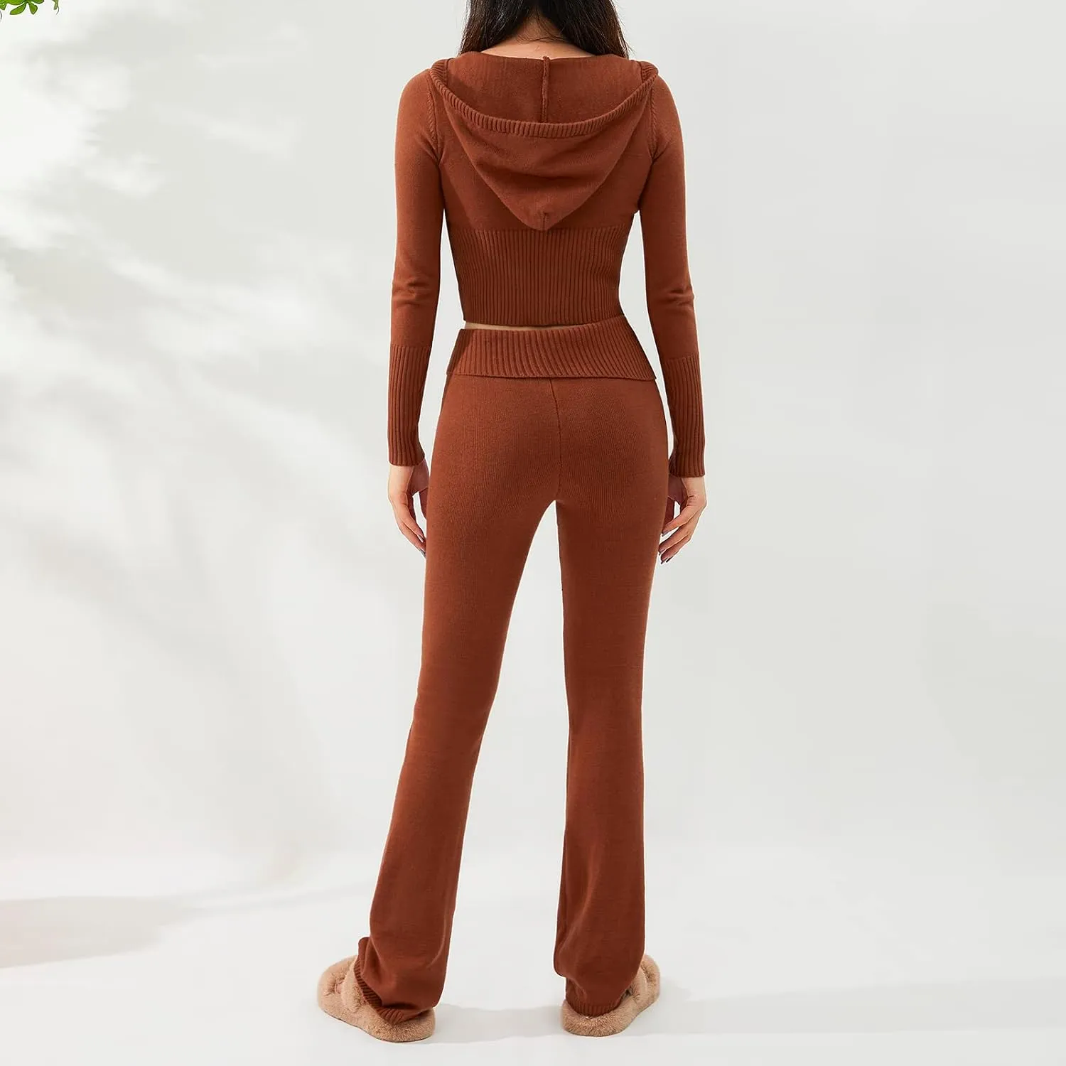 NUFIWI Women Ribbed Knit 2 Piece Outfits Long Sleeve Zip Up Hooded High Waist Wide Leg Skinny Pants Set Loungewear