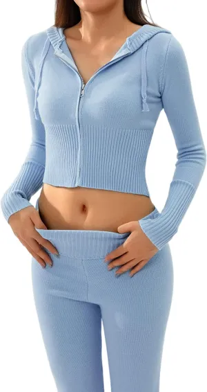 NUFIWI Women Ribbed Knit 2 Piece Outfits Long Sleeve Zip Up Hooded High Waist Wide Leg Skinny Pants Set Loungewear