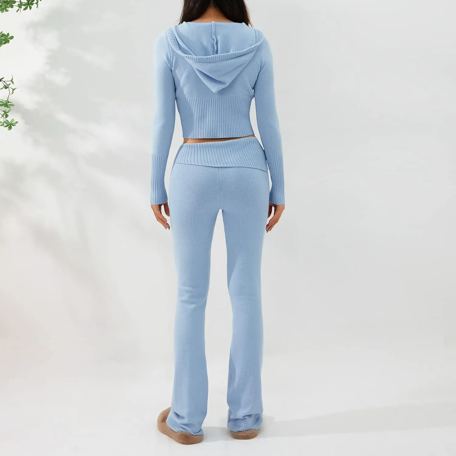 NUFIWI Women Ribbed Knit 2 Piece Outfits Long Sleeve Zip Up Hooded High Waist Wide Leg Skinny Pants Set Loungewear