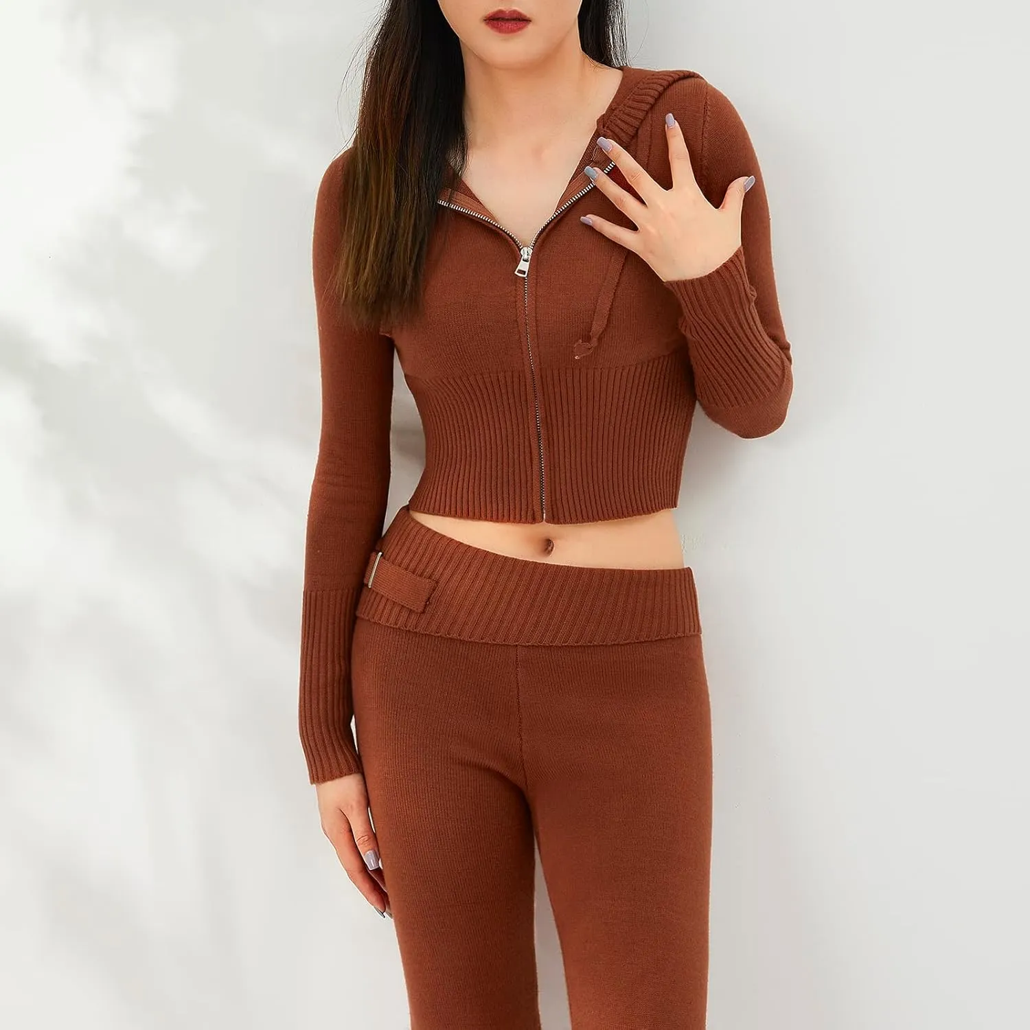 NUFIWI Women Ribbed Knit 2 Piece Outfits Long Sleeve Zip Up Hooded High Waist Wide Leg Skinny Pants Set Loungewear